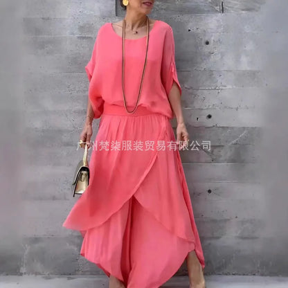 2025 Summer Fashion Women's Solid Color Casual Trendy Loose 2 Piece Chiffon Sets O-neck Short Sleeve T-shirts Wide Leg Trousers