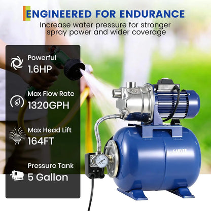 1.6HP Stainless Steel Shallow Well Jet Pump with Pressure Tank – 1320 GPH, 115V, 164 ft Lift, Automatic Water Booster for Home / Farm / Garden (Blue)