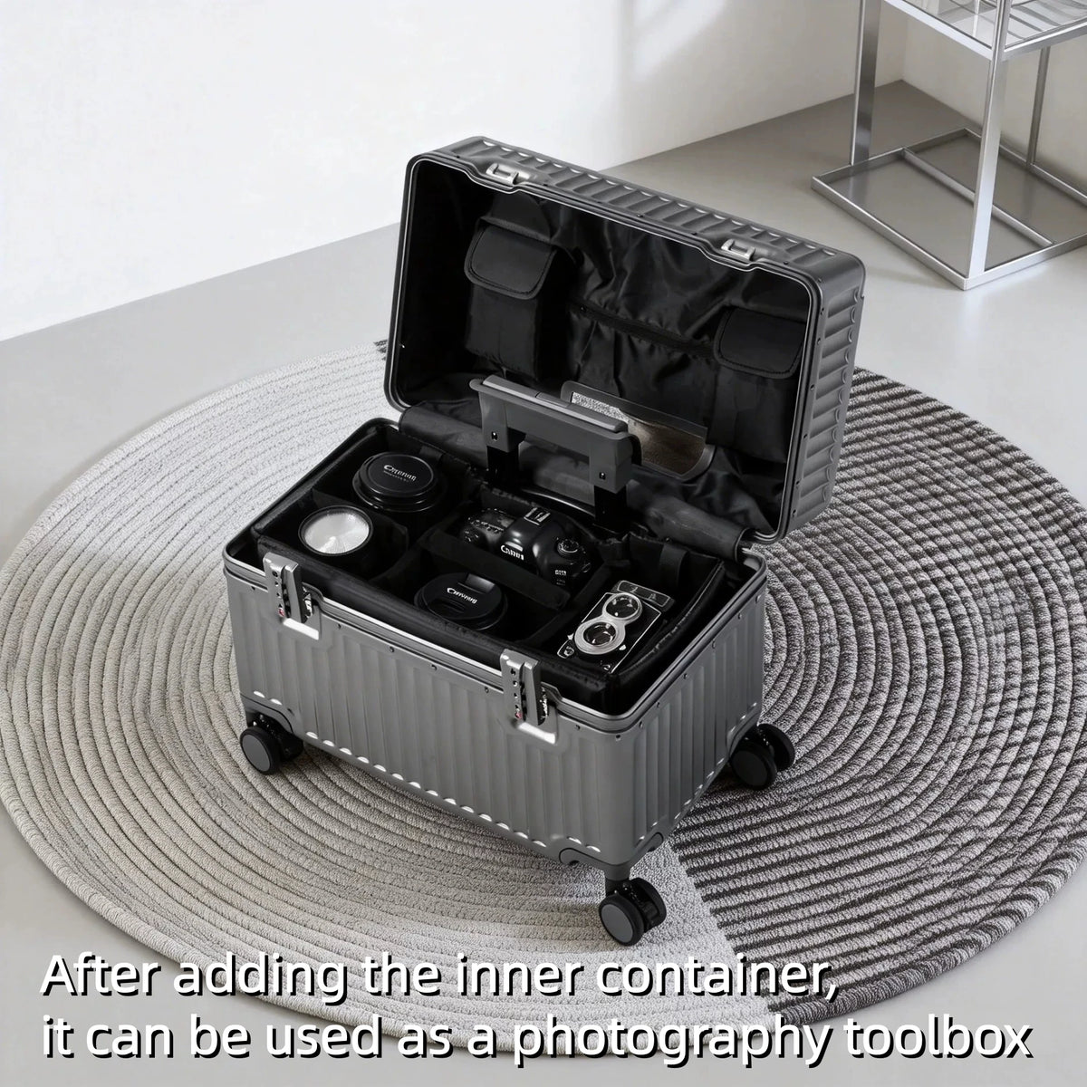 Top Opening Suitcase 18inch Boarding Carry-on Travel Photographer Rolling Luggage PC Material with Aluminum Alloy Frame TSA Lock