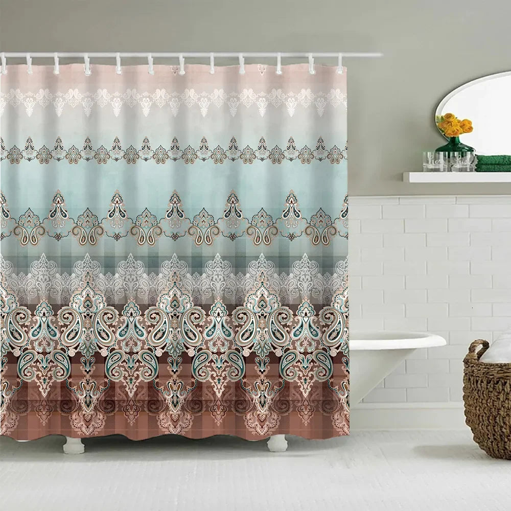 Luxury Red Gold Damask Print Shower Curtain, Waterproof Polyester Bathroom Curtain with Hooks