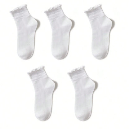 Women's Crew Socks with Ruffles, White and Black, Comfortable, Breathable, Moisture-Absorbing and Sweat-Wicking