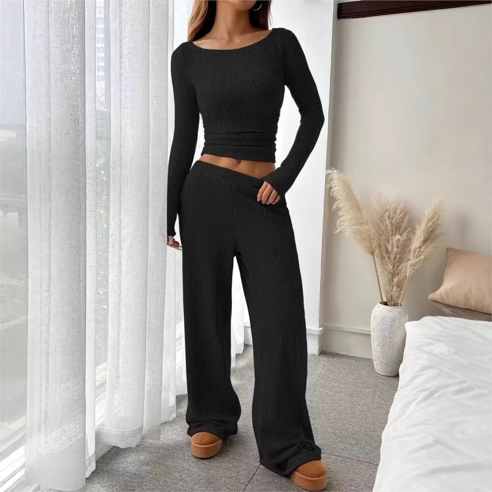 Fashion Knitted One-shoulder T-shirt Long-sleeved Women Trousers 2 Piece Set Autumn Casual Navel-baring Tops Home Wear Set Woman