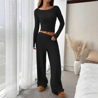 Fashion Knitted One-shoulder T-shirt Long-sleeved Women Trousers 2 Piece Set Autumn Casual Navel-baring Tops Home Wear Set Woman