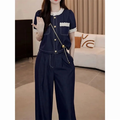 Spring Summer Ladies Short Sleeve Pants 2PCS 2026 Female Tops Pantalons Two-piece Suit Korean Women Fashion Round Neck Trousers