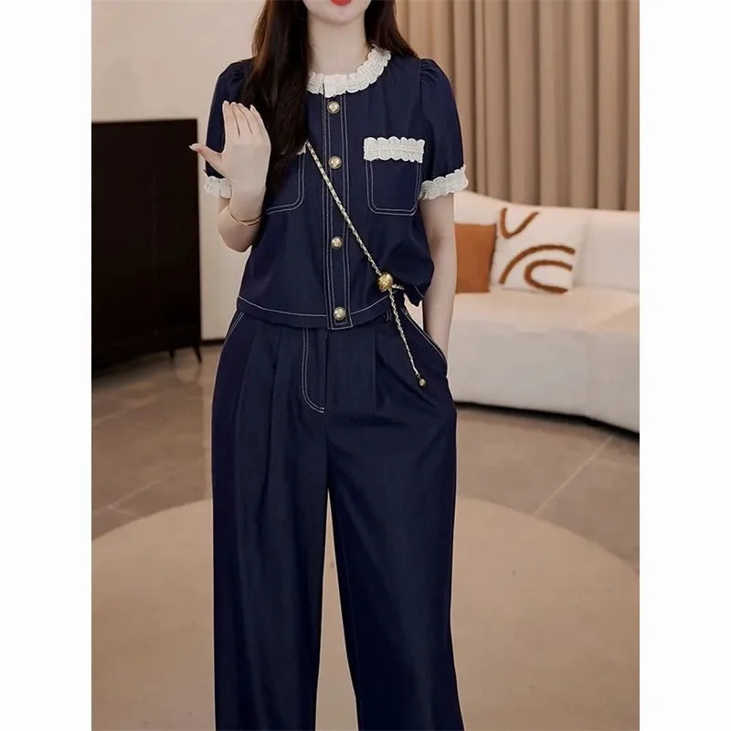 Spring Summer Ladies Short Sleeve Pants 2PCS 2026 Female Tops Pantalons Two-piece Suit Korean Women Fashion Round Neck Trousers