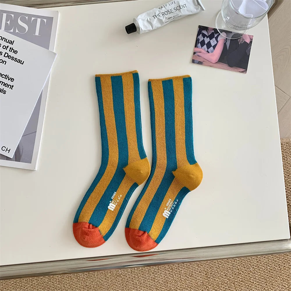 1Pairs Striped Funny Socks Korean Japanese Man Women Design Unisex Fashion Trendy Crew Stockings