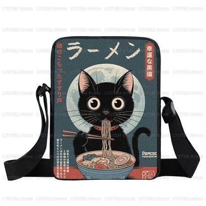 Japanese Black Cat Eating Ramen Print Crossbody Bag Women Shoulder Bag for Travel Phone Wallet Holder Teenager Messenger Bags