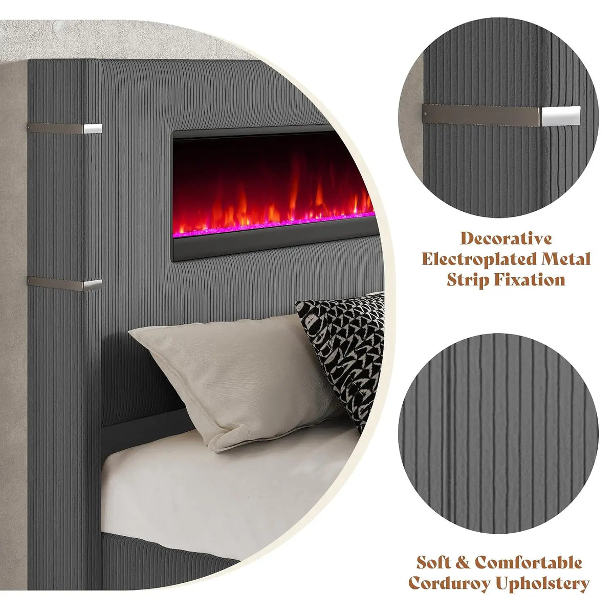 60.4“ King Size Upholstered Bed Frame with Fireplace, Grey | Modern Bed Frame with Extra Tall Headboard, Wingback, Customized