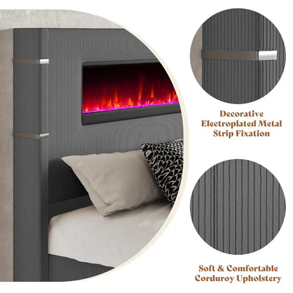 60.4“ King Size Upholstered Bed Frame with Fireplace, Grey | Modern Bed Frame with Extra Tall Headboard, Wingback, Customized