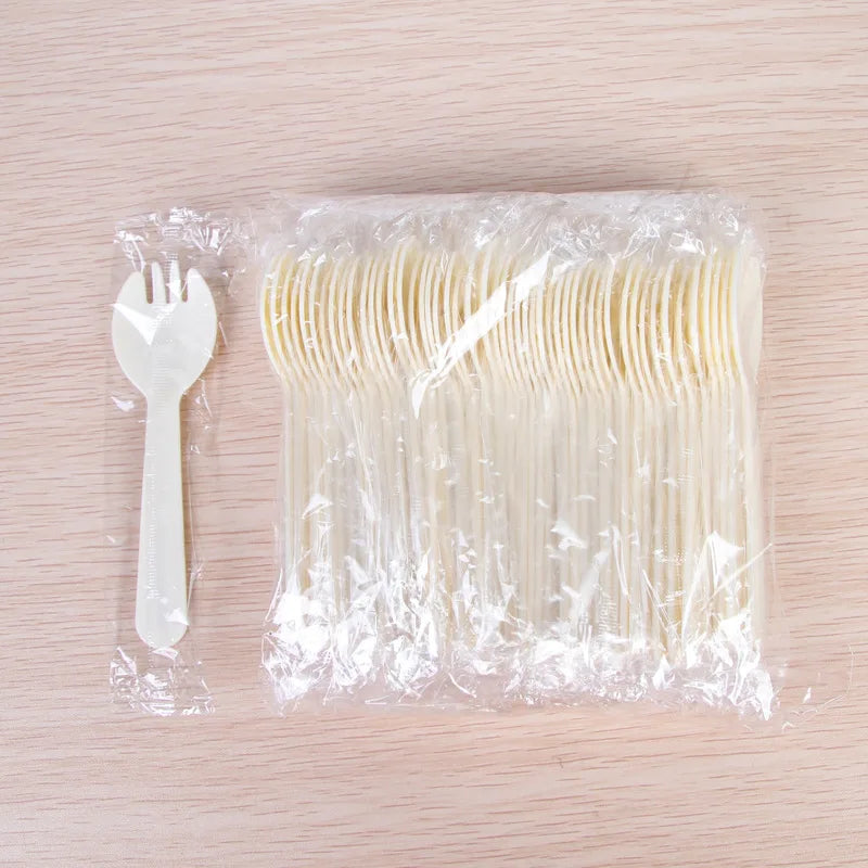 50/100pieces/Pack Disposable Plastic Frosted Fork Spoons Wholesale Fruit Spoons Cake Dessert Tableware Independent Packaging