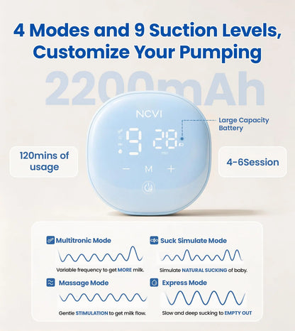 NCVI 8122 2‑in‑1 Hands‑Free Wearable Breast Pump, 4 Modes 9 Levels, Hospital‑Grade Suction, 21/24/28mm Flange, BPA‑Free Under 45dB Anti‑Flow Portable Pump for Moms