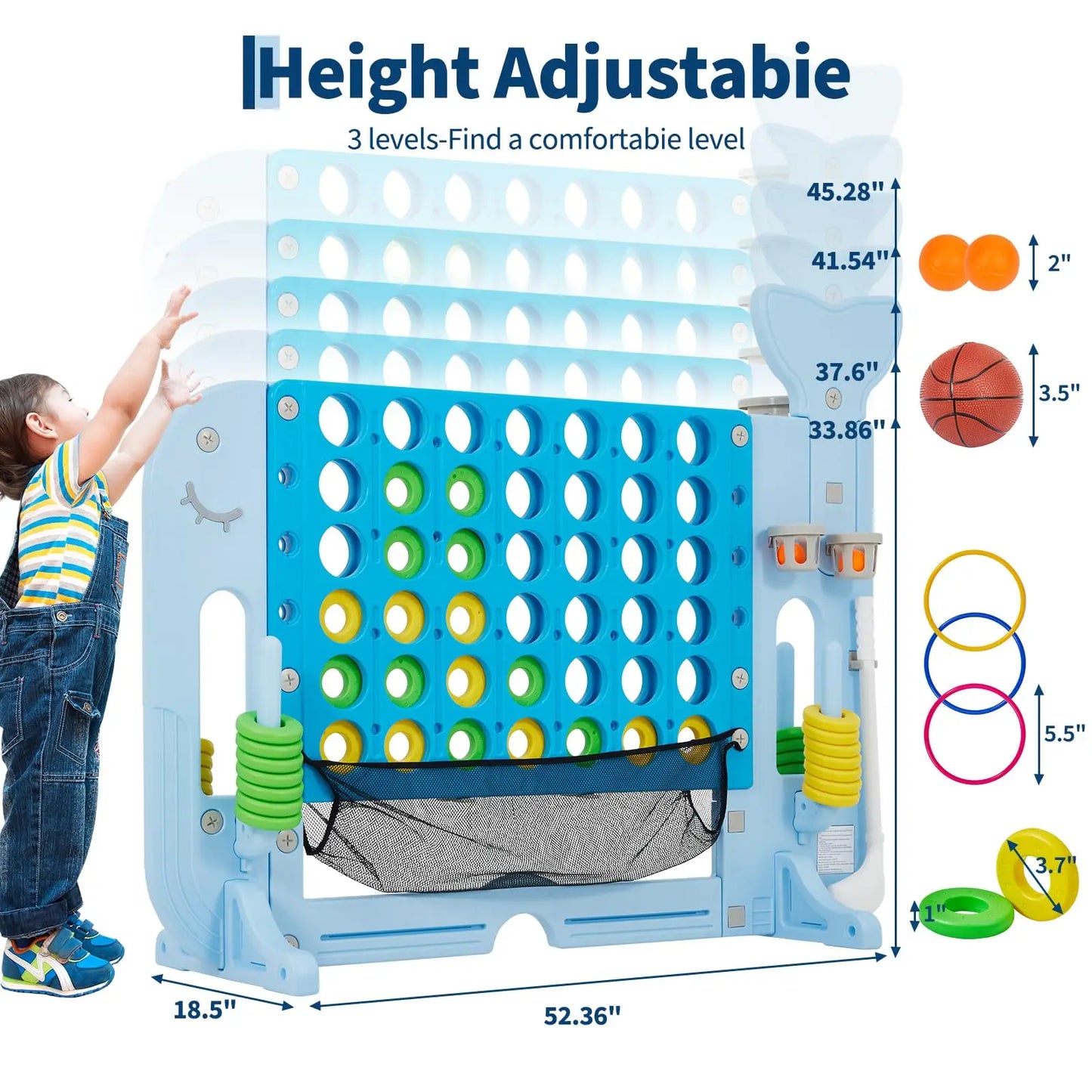 Giant 4 In A Row Game, Adjustable 4-to-Score Board With Quick Release, Basketball Golf Ring Toss, Indoor Outdoor Party Games