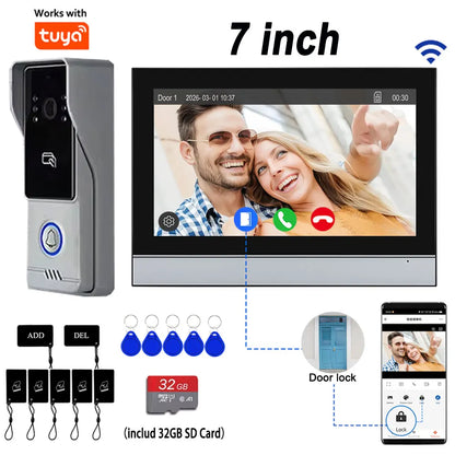 4 Wire Tuya Video Doorbell 7 inch HD Metal IR Camera Video Door Phone Two-way Audio WiFi Visual Intercom System RFID APP Unlock