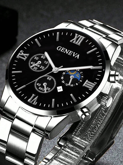 Men's Trendy Quartz Watch Set with Bracelet Necklace Ring Calendar Function Birthday Gift Not including Box