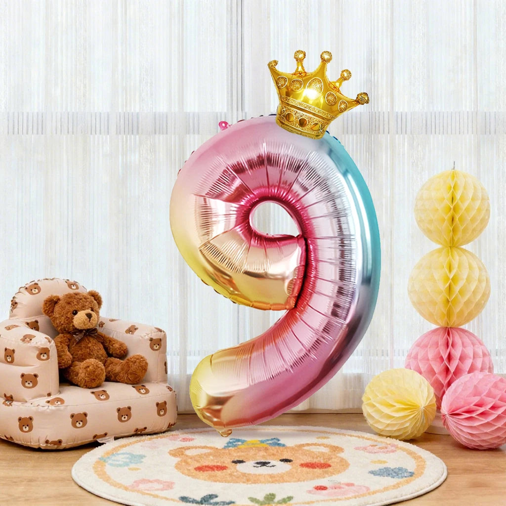 32Inch Gradient Number Crown Balloons 1-9 Digit Foil Helium Balloon Baby Shower Kids And Children's Birthday Party Decoration
