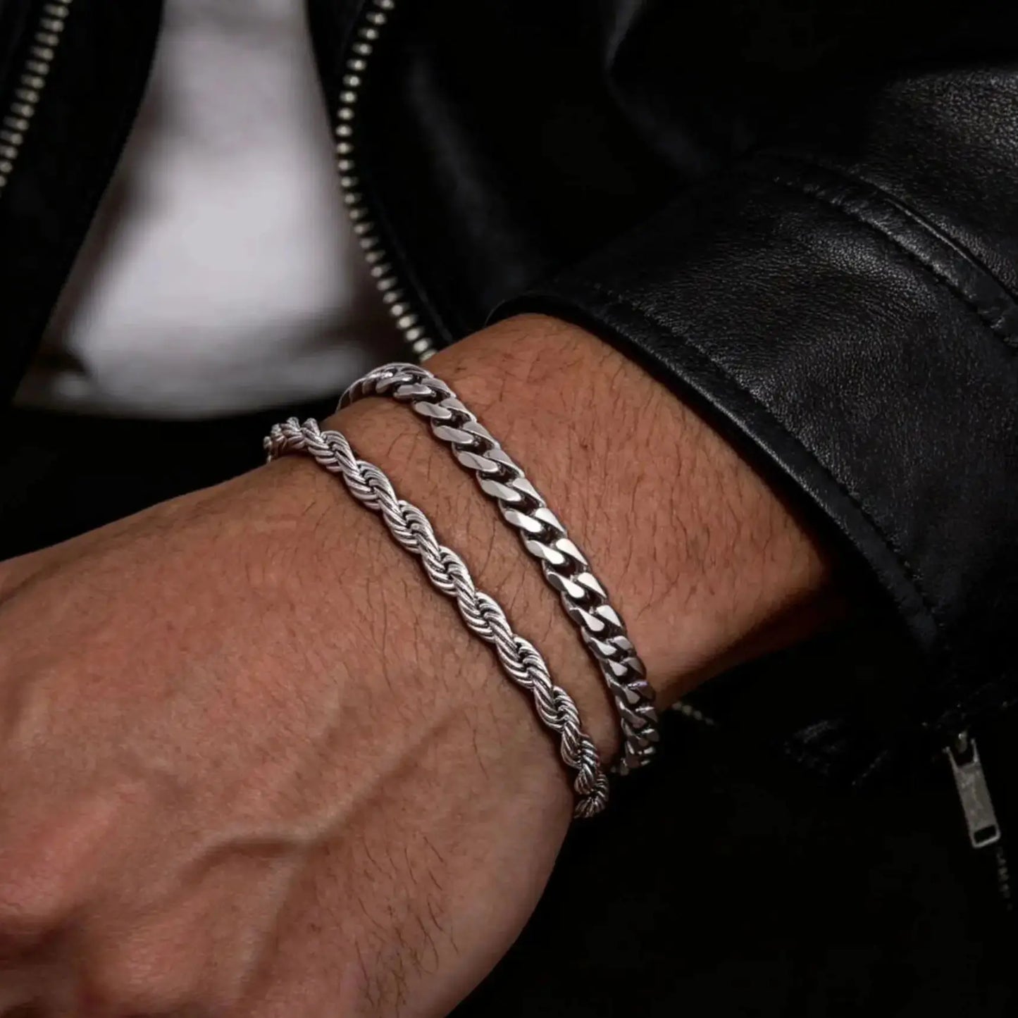 2pcs Men's Chain Bracelets, Stainless Steel Silver Gold Black Color
