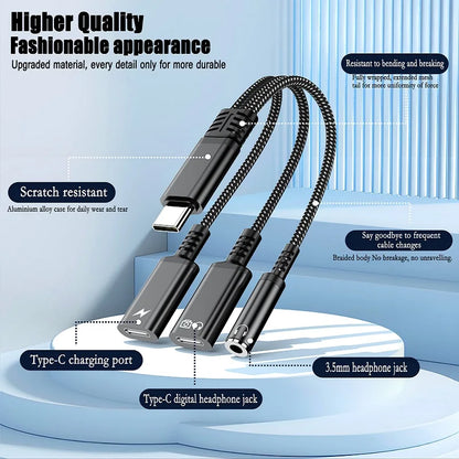 PD 60W Type C to Dual Type C 3.5mm Headphone and Charger Adapter 3 In1 USB C to AUX Audio Jack Dongle Cable For Samsung IPhone16