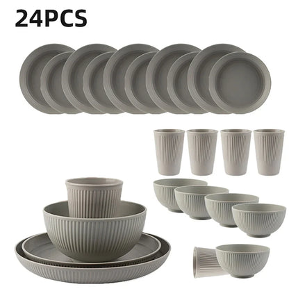 24Pcs Wheat Straw Dinnerware Set for 4: Plates, Bowls, Cups. Unbreakable Plastic for Kitchen & Outdoor Camping