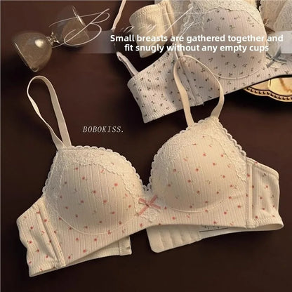 Teenage Sexy Lace Floral Bra Set Comfortable Non-steel Ring Beauty Back Small Breasts Gathered up Support Anti-Sagging Bra Set