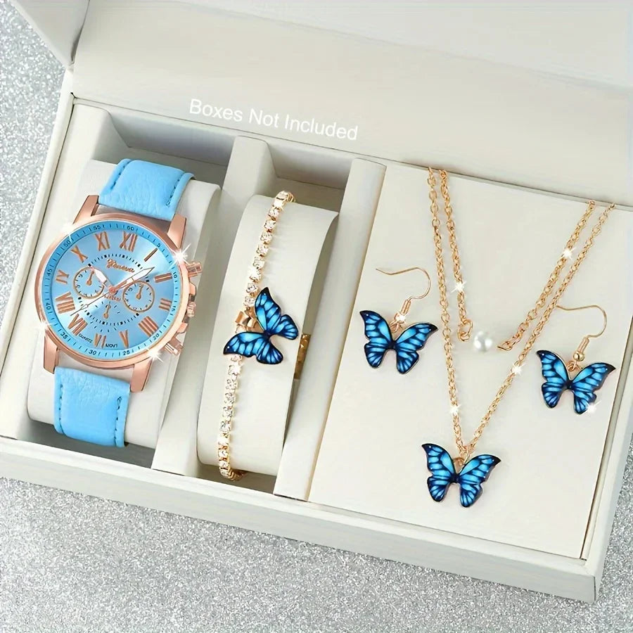 Fashion 5pcs women's quartz watch set, paired with blue butterfly jewelry - round zinc alloy case, PU leather strap