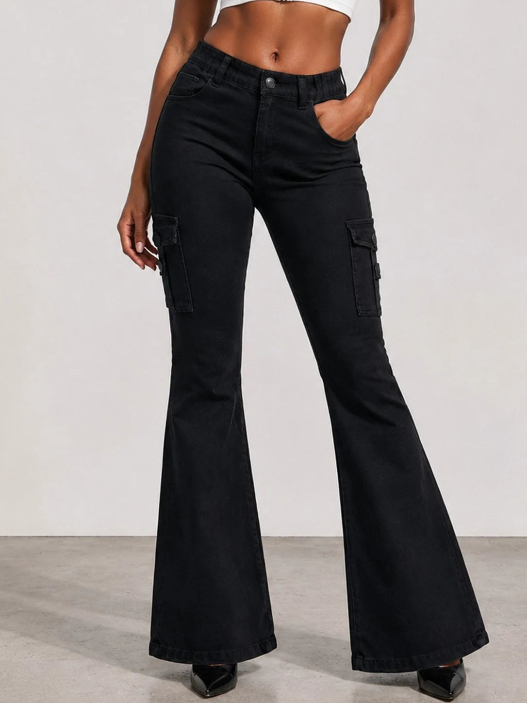 Women's High-quality Stretch Vintage Washed Cargo Flare Jeans, Y2K Style, Casual and Versatile, Suitable for All Seasons