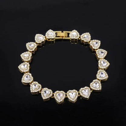 45CM New Hip Hop Tennis Chain Bracelet Necklace Shiny Heart Rhinestone CZ Fashion Rock Party Jewelry