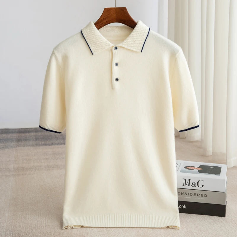 100% Merino Wool Men's Lapel Short Sleeved Sweater T-Shirt New Knitted Casual Business Men's Pullover Sweater Wool T-Shirt Summe