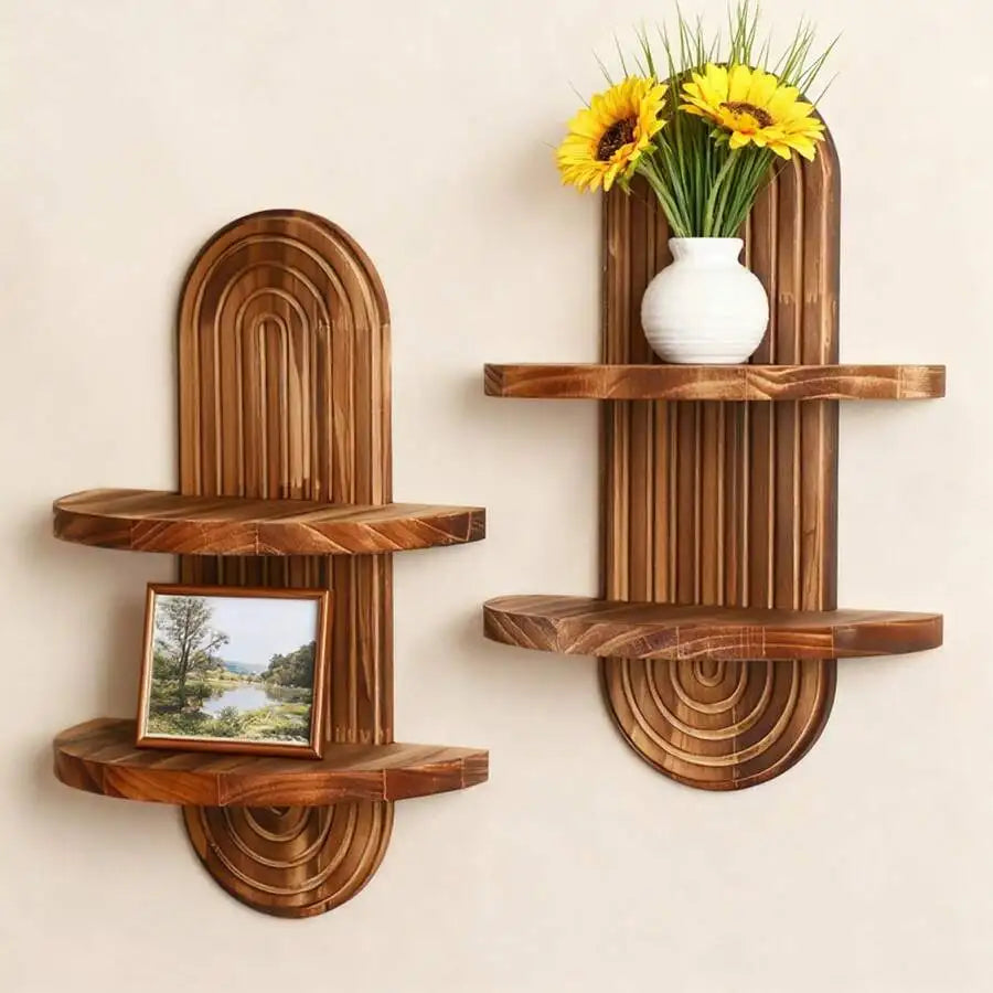1pcs Shelf Wall Decor Boho Wood Floating Shelves 2 Tier Plant Holder Trinket Storage Rack Rainbow Hanging Decor For Home Bedro
