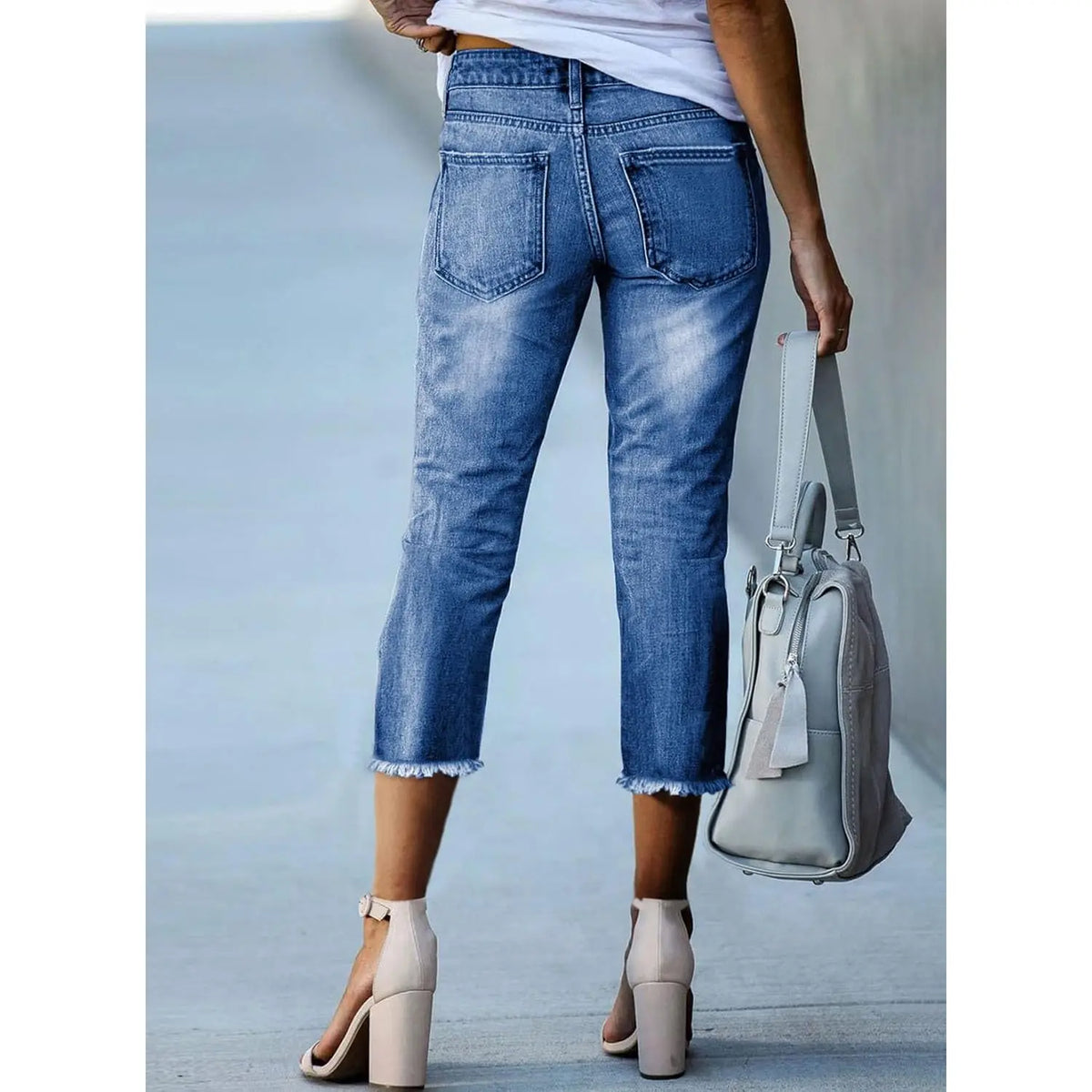 2025 2025 Women's Trendy Capri Jeans High Waisted Straight Leg with for Raw Hem Sky Blue Size 12
