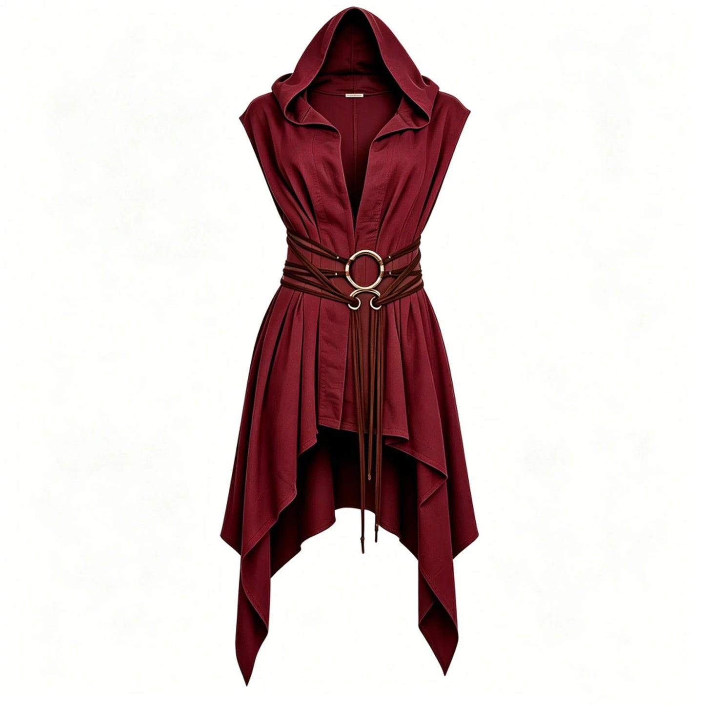 Women Irregular Hem Renaissance Elf Tunic Robe Medieval Ranger Hooded Sleeveless Cloak Belt for LARP Halloween Witch Hunter