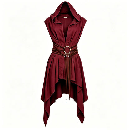 Women Irregular Hem Renaissance Elf Tunic Robe Medieval Ranger Hooded Sleeveless Cloak Belt for LARP Halloween Witch Hunter
