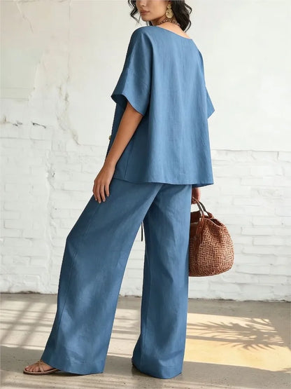 Casual Loose Pants Sets Women Summer 2026 Fashion Short Sleeve V-neck Tops And Wide Leg Pant 2 Piece Set Woman Outfits