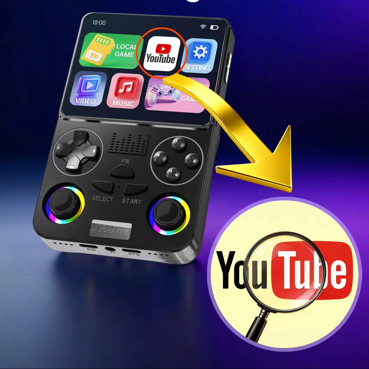 J36 Ultra YouTube Handheld Game Console 20000+ Games 20 Emulators 3000mAh RGB Joystick Multiplayer Multi-Language