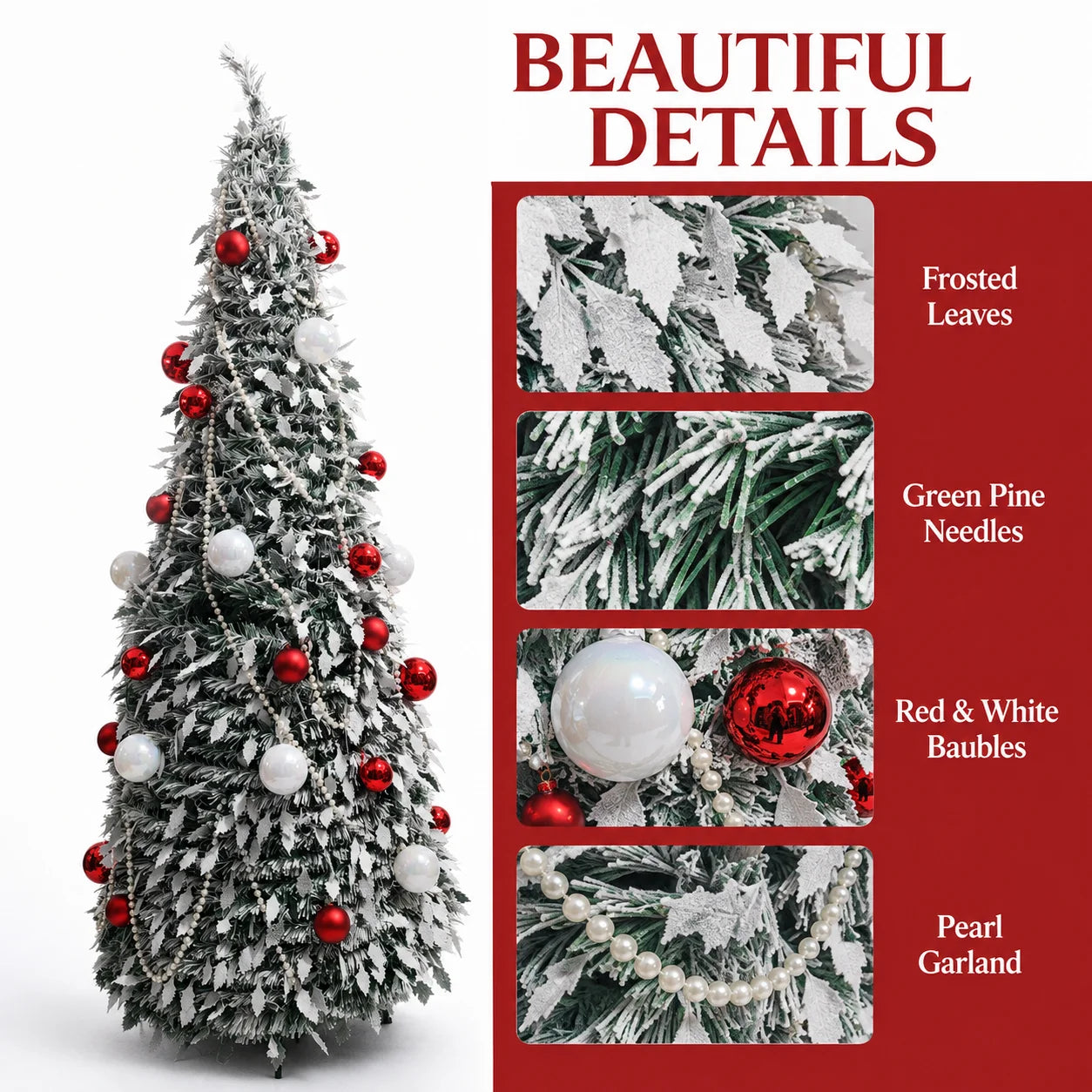 Flocked PVC Christmas Tree 1.5/1.8/2.1M Pre‑Attached Baubles, Foldable Xmas Tree with USB String Lights for Home Holiday Decor