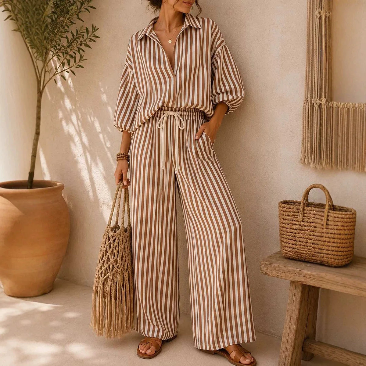 Fashion Stripe Two Piece Set Women Summer Autumn Casual V Neck Long Sleeved Top Wide Leg Pants 2 Piece Suit Women Outfit Sets