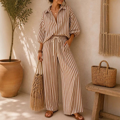 Fashion Stripe Two Piece Set Women Summer Autumn Casual V Neck Long Sleeved Top Wide Leg Pants 2 Piece Suit Women Outfit Sets
