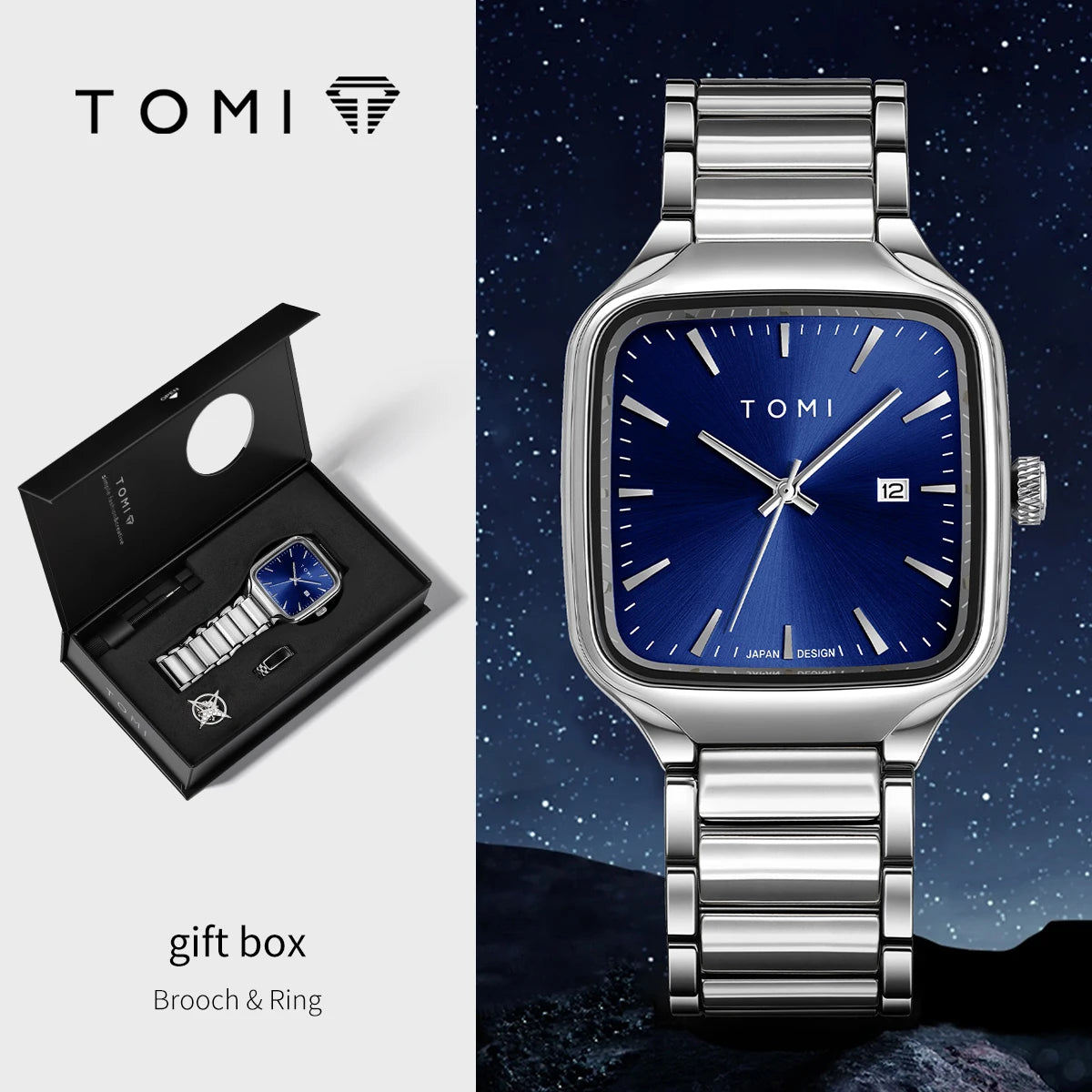 TOMI Men's Quartz Watch New Fashion Box Set Cufflinks Ring Fashion Set Box Watch as a Gift for Men's Gift Box