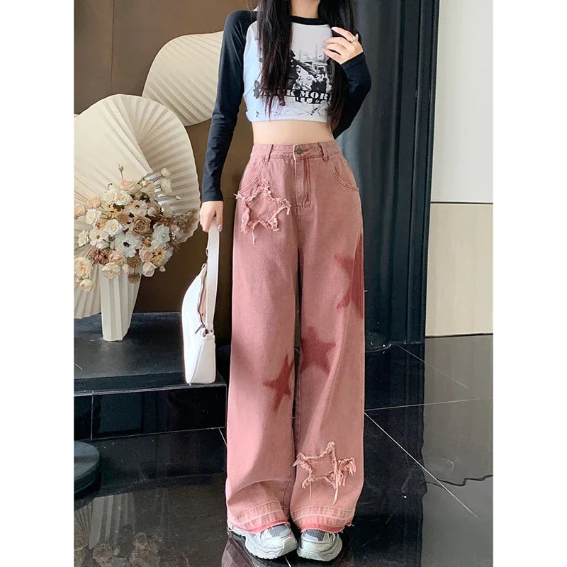 Women Streetwear Pink Jeans Vintage Star Print High Waisted American Retro Wide Leg Denim Pants Hip-hop Straight Y2K Trousers