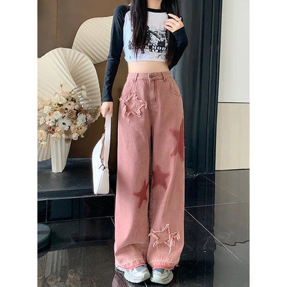 Women Streetwear Pink Jeans Vintage Star Print High Waisted American Retro Wide Leg Denim Pants Hip-hop Straight Y2K Trousers