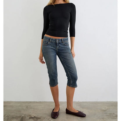 Women's Denim Pencil Capri Pants Button Low Rise Slim Fit Cropped Jeans with Side Slits Hemline Summer Stretch Capris