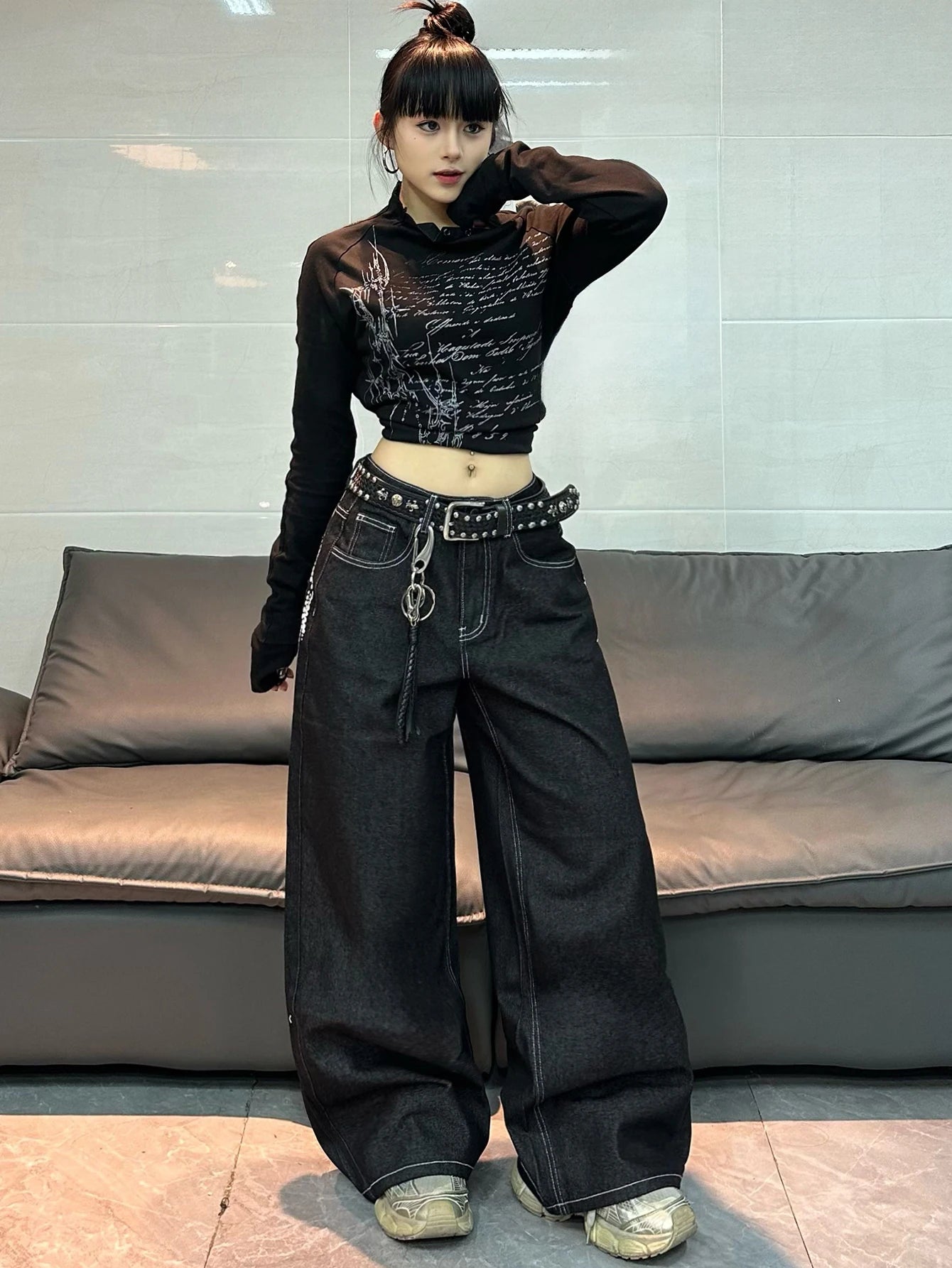 American Retro Angel Wings Print Black Women's Loose Wide-Leg Jeans Y2K Street Hip-Hop Trend Versatile Straight Trousers