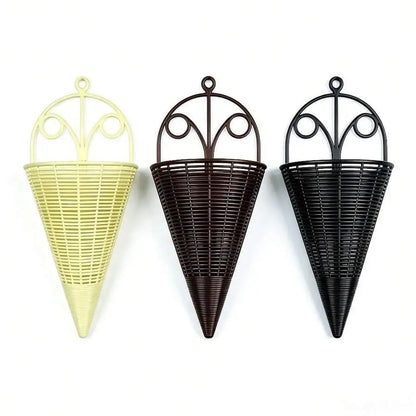 2pcs Brown/Cream Plastic Wall Hanging Flower Basket, One-Piece Cone-Shaped Wall Hanging Flower Pot Holder, Indoor/Outdoor Home G