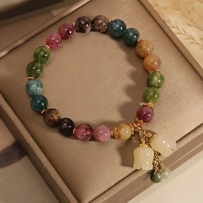Vintage Antique Style Beaded Bracelet, Chinese Multi Gemstone Wristband with Carved Lily of The Valley Pendant, Retro Heirloom Aesthetic Jewelry Gift for Classic Fashion Lovers