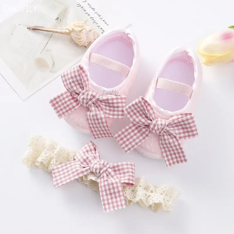 Spring Infant Baby Girl Shoes Newborn Lace Flowers Headband Anti-Slip Soft Sole First Walkers Toddler Kids Cotton Baptism Shoes