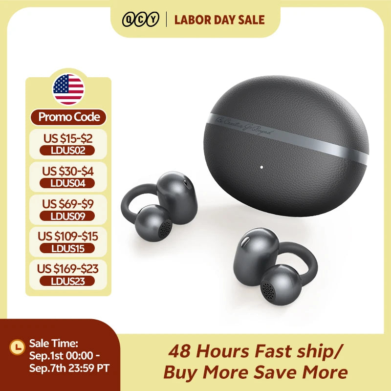 QCY Crossky C50 Open Ear Wireless Earbuds Bluetooth 6.0 Comfort Clip On Sports Earphone 4 Mic AI Clear Call Bass Boost Headphone