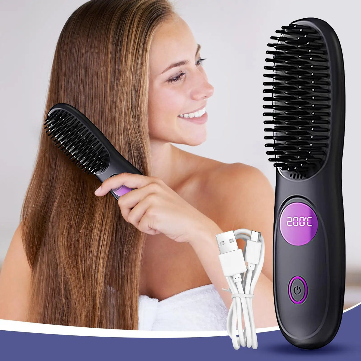 Hair Straightener Brush 3 Level Cordless USB Charging Straightener Portable Mini Straightening Brush for Home Travel