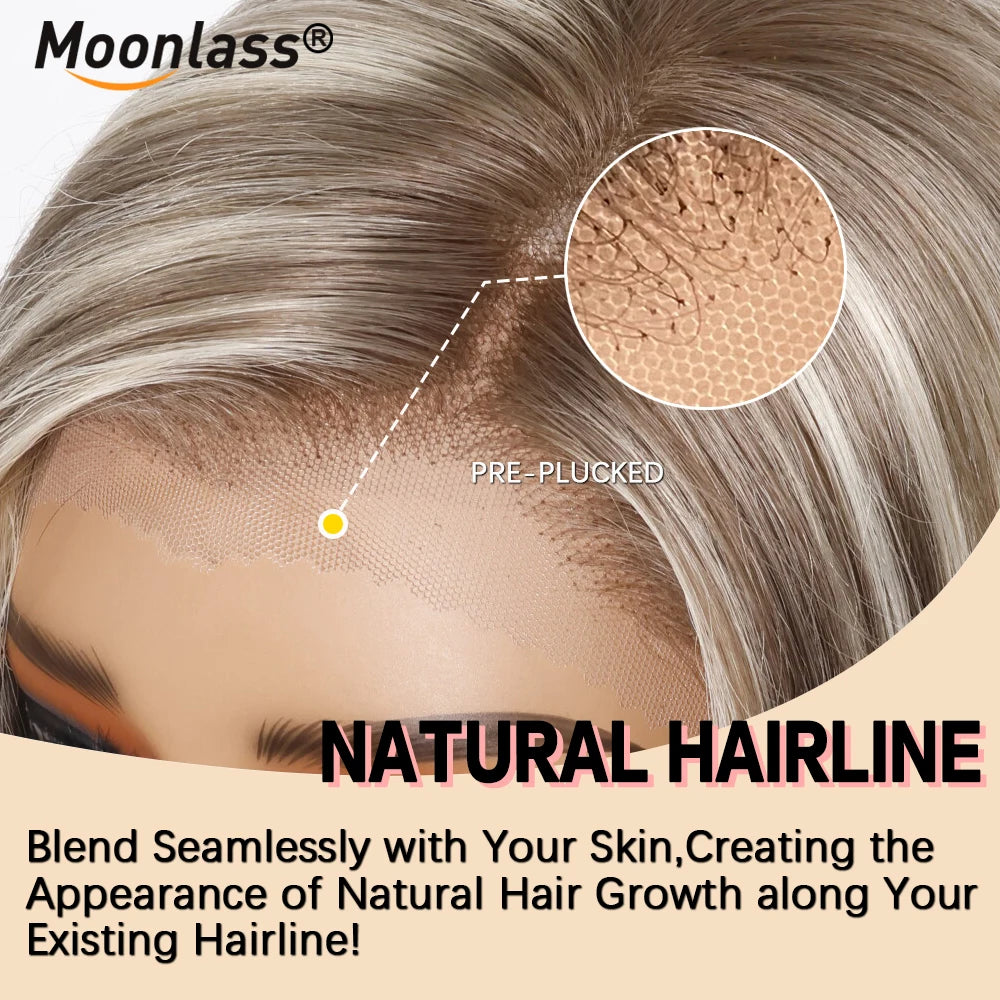 Moonlass Highlight Velvet Grey Gold Short Bob 100% Human Hair Wig 190% Density Salon Hair Color Wig 13x6 Upgrade Nude Lace Wigs
