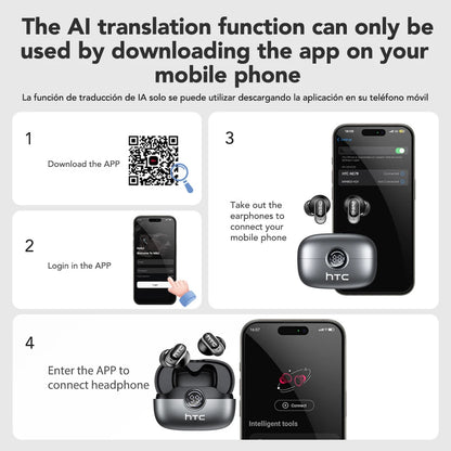 HTC NE79 TWS Bluetooth 6.0 Earphones AI Translator In-Ear HiFi Sound Headset for Sports Headset with Clear Call Mic