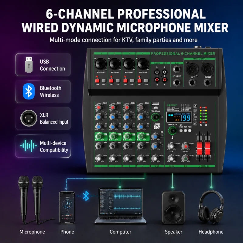 MW-6 Black 6-Channel Audio Mixer with Noise Reduction DJ Console | Bluetooth & USB Playback, Portable Controller Mixer, DSP 99 Preset Effects, Live Streaming, Podcasting, Home Party