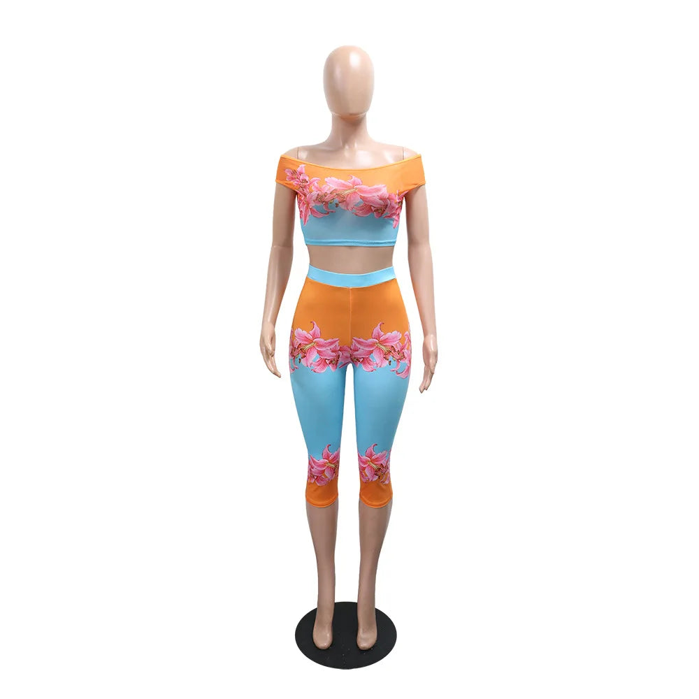 HLJ 2026 New Women Floral Print 2 Piece Set Off Shoulder Short Sleeve Crop Top + High Waist Capri Pants Summer Casual Streetwear